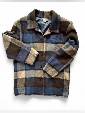 VTG 80s Willow Ridge Wool Blend Button Up Blanket Jacket Plaid Womens 12 USA